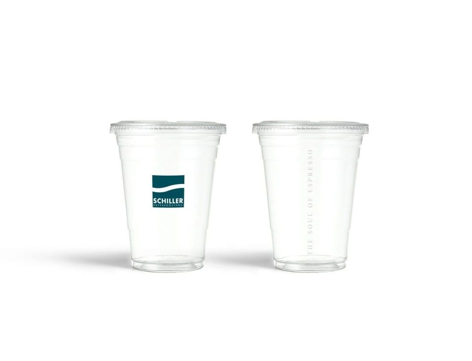Schiller Logo 16 oz transparenter Take-Away-Becher mit Deckel